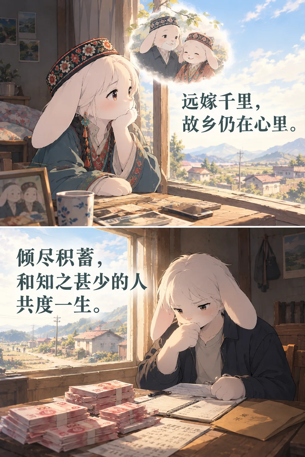 远嫁千里海报：姑娘守在窗边念着故乡，小伙倾尽积蓄——月兔不做远嫁速配